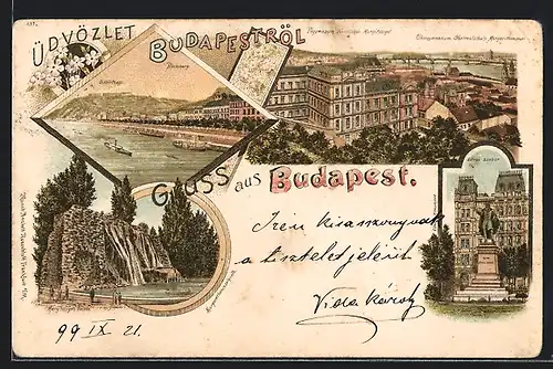 Lithographie Budapest, Margaretheninselquelle, Blocksberg, Gellerthegy, Oberrealschule Margaretheninsel, Eötvos-Monument