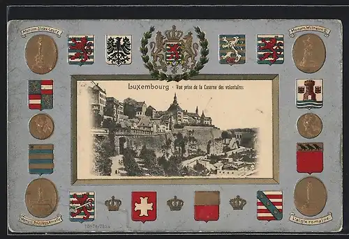 Passepartout-Präge-AK Luxembourg, Vue sur le Feaubourg Ground, Monum. Dickx-Leutz, Monum. Wilhelm II., L`aigle romaine