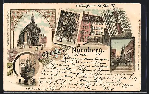 Lithographie Nürnberg, Frauenkirche, Gänsemännchen, Tugendbrunnen