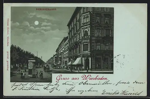 Mondschein-Lithographie Wiesbaden, Rheinstrasse mit Litfasssäule