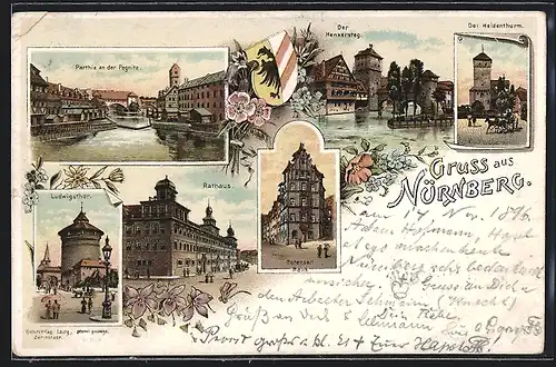 Lithographie Nürnberg, Wappen, Henkersteg, Heidenturm, Petersen Haus, Rathaus, Ludwigstor, Partie an der Pegnitz