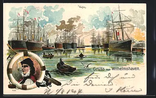 Lithographie Wilhelmshaven, Hafenbild, Portrait eines Fischers