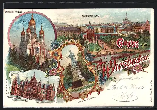 Lithographie Wiesbaden, Griechische Kapelle, Kochbrunnen-Platz, Rathaus