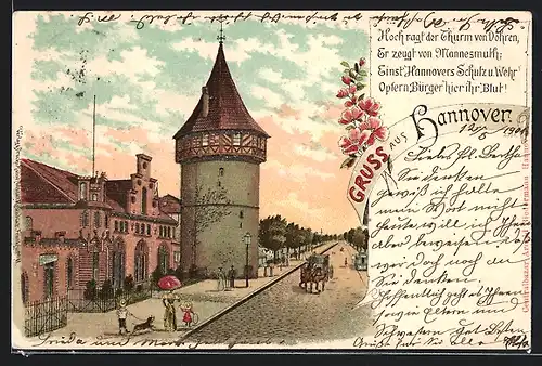 Lithographie Hannover, Strassenpartie am Döhrener Turm