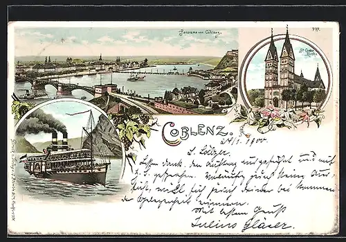 Lithographie Coblenz, Panorama mit Brücke, St. Castor Kirche, Schiff vor der Küste