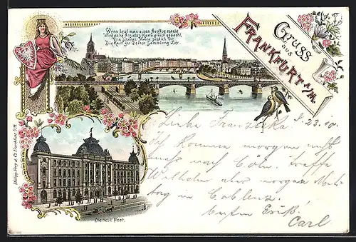 Lithographie Frankfurt a. M., Teilansicht mit Brücke, Die neue Post