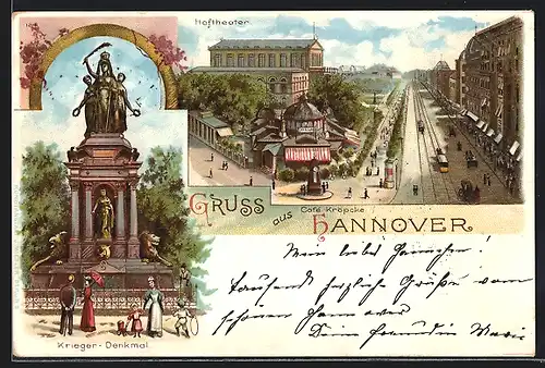 Lithographie Hannover, Hoftheater, Cafe Kröpcke, Kriegerdenkmal um 1900