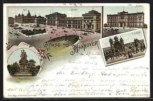 Lithographie Hannover, Bahnhof mit Vorplatz, Ständehaus, Tivoli-Garten