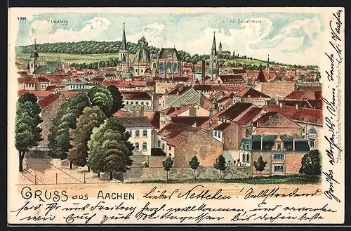Lithographie Aachen, Teilansicht mit Lousberg und St. Salvatorberg