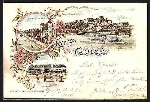 Lithographie Koblenz, Alte Häuser an der Mosel, Schloss, Festung Ehrenbreitstein, Dampfer