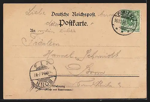 Lithographie Koblenz, Alte Häuser an der Mosel, Schloss, Festung Ehrenbreitstein, Dampfer