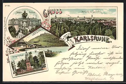 Lithographie Karlsruhe, Kriegerdenkmal, Scheffeldenkmal, Gesamtansicht