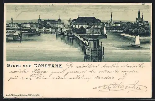 Lithographie Konstanz, Stadtpanorama vom Wasser gesehen