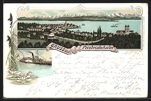 Vorläufer-Lithographie Friedrichshafen, 1895, Gesamtansicht, Bodenseedampfer