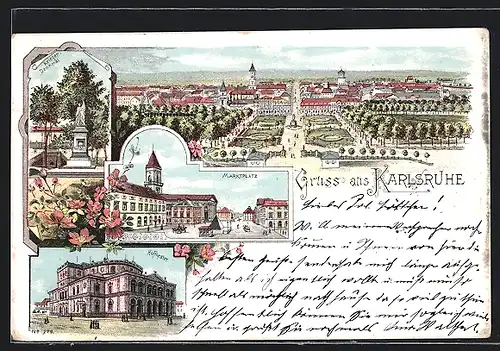 Lithographie Karlsruhe, Marktplatz, Hoftheater, Denkmal