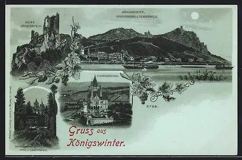 Mondschein-Lithographie Königswinter, Drachenburg u. Drachenfels, Zahnradbahn