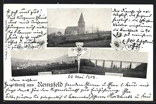 AK Remsfeld, Totalansicht, Kirche, Eisenbahnbrücke