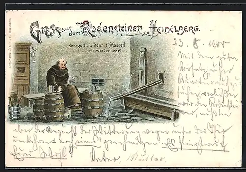 Lithographie Heidelberg / Neckar, Inneres vom Restaurant Rodensteiner, Mönch im Bierkeller sitzend