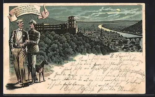 Lithographie Heidelberg, Blick auf die Stadt mit Flusspartie und zwei Soldaten