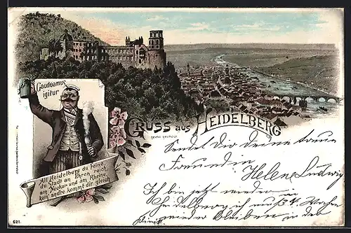 Lithographie Heidelberg, Totalansicht aus der Vogelschau, Gaudeamus igitur
