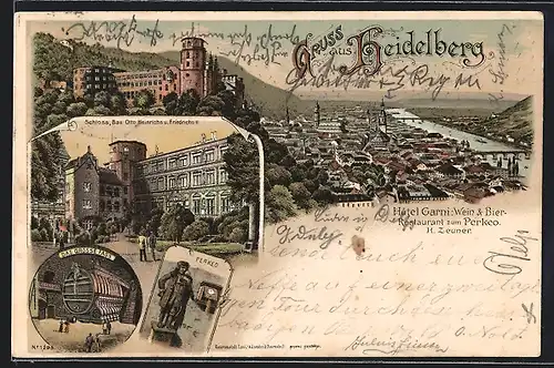 Lithographie Heidelberg, Gesamtansicht, das grosse Fass, Perkeo, Schloss