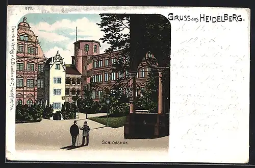 Lithographie Heidelberg / Neckar, Schlosshof