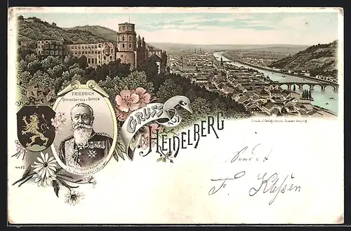 Lithographie Heidelberg, Totalansicht, Portrait Grossherzog Friedrich v. Baden