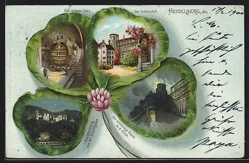 Passepartout-Lithographie Heidelberg, Panorama, Schlosshof und grosses Fass im Kleeblatt