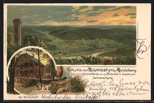 Lithographie Heidelberg, Gasthaus Königstuhl mit Blick auf Odenwaldberge bei Sonnenaufgang