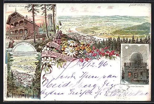 Lithographie Heidelberg / Neckar, Königsstuhl, Gasthaus mit Thurm, neue Sternwarte, Gesamtansicht