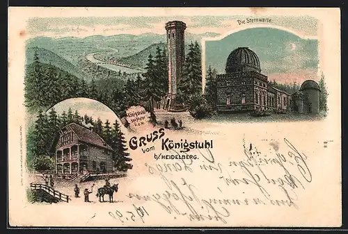 Lithographie Königstuhl b. Heidelberg, Aussichtsturm, Sternwarte, Gasthaus
