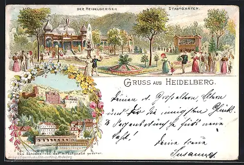 Lithographie Heidelberg / Neckar, Schloss, Heidelberger Stadtgarten