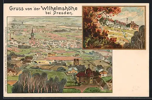 Lithographie Radebeul, Gasthaus Wilhelmshöhe, Blick auf die Ortschaft