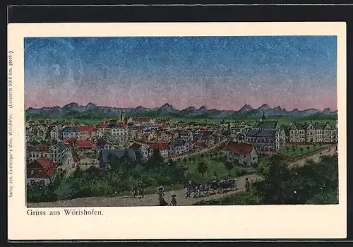 Künstler-AK Wörishofen, Teilansicht mit Pferdewagen