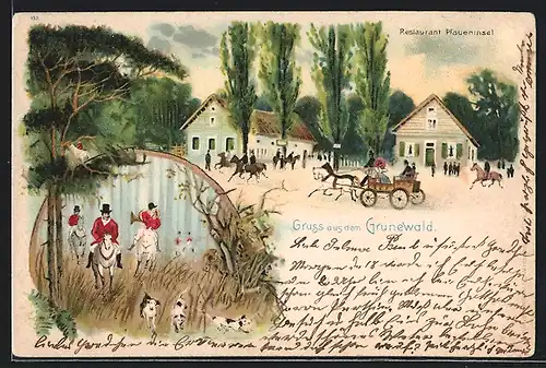 Lithographie Grunewald, Restaurant Pfaueninsel, Jäger auf Pferden mit Jagdhunden