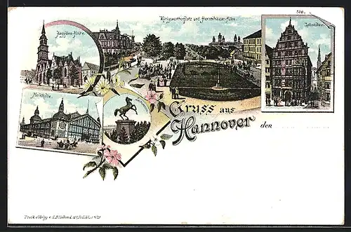 Lithographie Hannover, Aegydien-Kirche, Markthalle, Leibnitzhaus, Königswortherplatz und Herrenhäuser-Allee, Sachsenross
