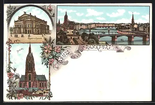 Lithographie Alt-Frankfurt, Ortsansicht mit Dom und Opernhaus