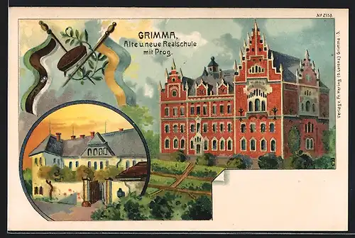 Lithographie Grimma, Alte & neue Realschule mit Prog.