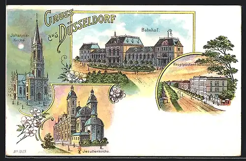 Lithographie Düsseldorf, Bahnhof, Hauptpostamt, Jesuitenkirche, Johanniskirche