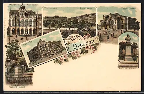 Lithographie Dresden-Neustadt, Alberttheater, Albertplatz, Weberdenkmal und Kaiserl. Post
