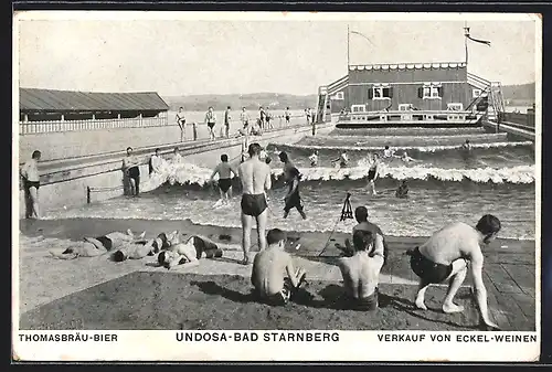 AK Starnberg, Undosa-Bad, Reklame für Thomasbräu-Bier und Eckel-Weine