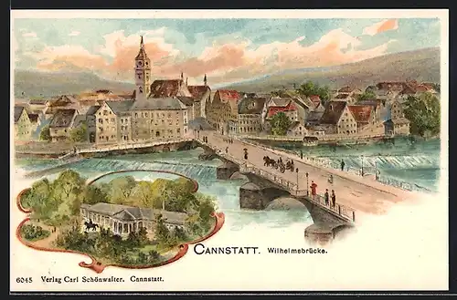 Lithographie Cannstatt, Wilhelmsbrücke, Totalansicht