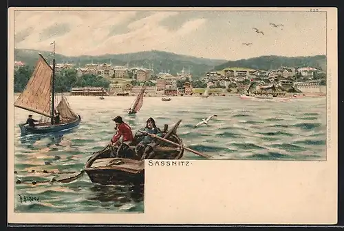 Lithographie Sassnitz, Fischer mit Ruderboot, Blick zum Ort