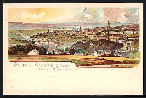 Lithographie Annaberg, Blick von der Buchholzer Höhe auf die Stadt