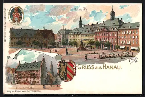 Lithographie Hanau, Marktplatz und Altstädter Rathaus, Stadtwappen