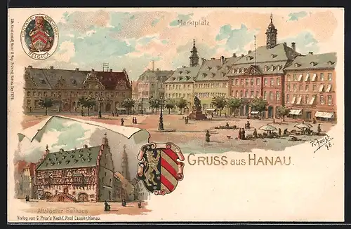 Lithographie Hanau, Marktplatz und Altstädter Rathaus, Stadtwappen