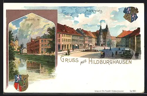 Lithographie Hildburghausen, Technikum, Marktplatz mit Brunnen, Wappen