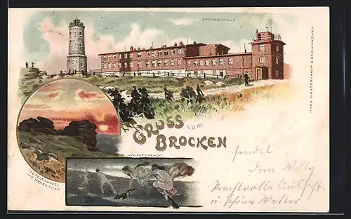 Lithographie Brocken, Brockenhaus mit Aussichtstuem, Hesen fliegen auf Besen