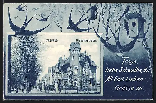AK Crefeld, Bismarckstrasse mit Passanten, Schwalben am Vogelhaus