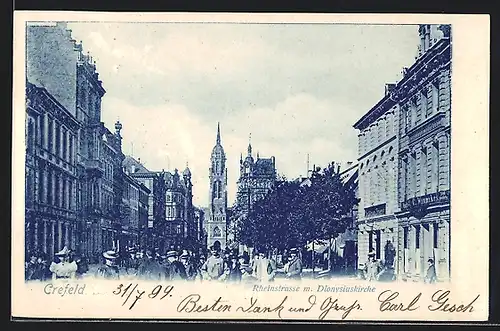 AK Krefeld, Rheinstrasse mit Dionysiuskirche